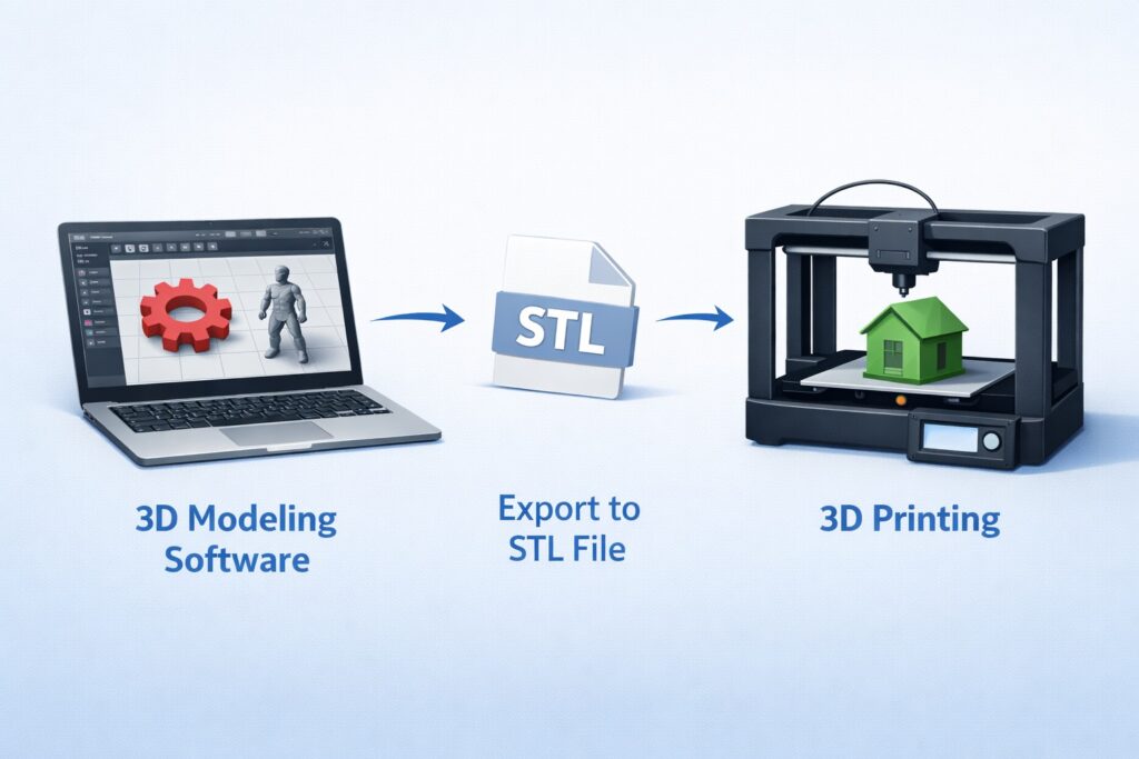 3D modeling software to STL file export and 3D printing workflow