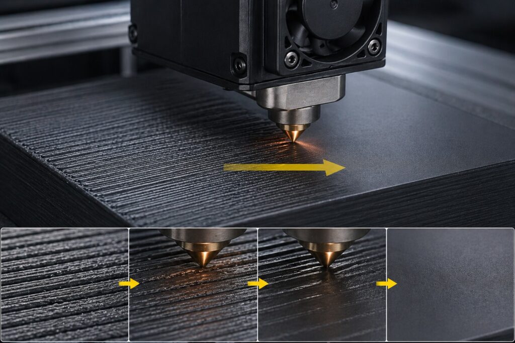 3D printer nozzle smoothing top layer surface with ironing process close up