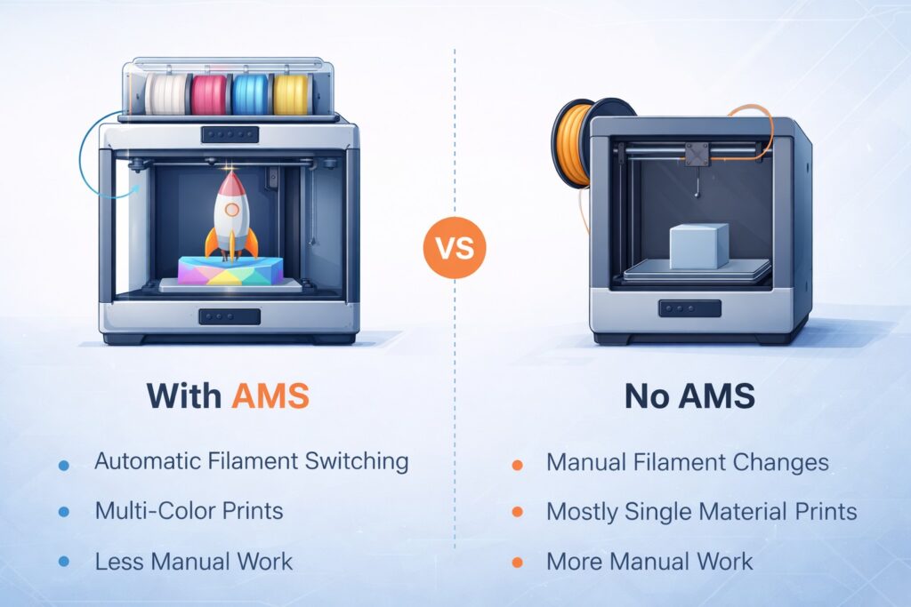 AMS vs no AMS 3D printing comparison with automatic vs manual filament system