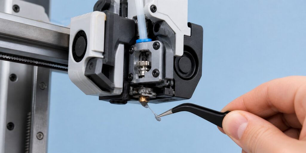 Bambu Lab A1 Mini extruder clog cleaning with tweezers